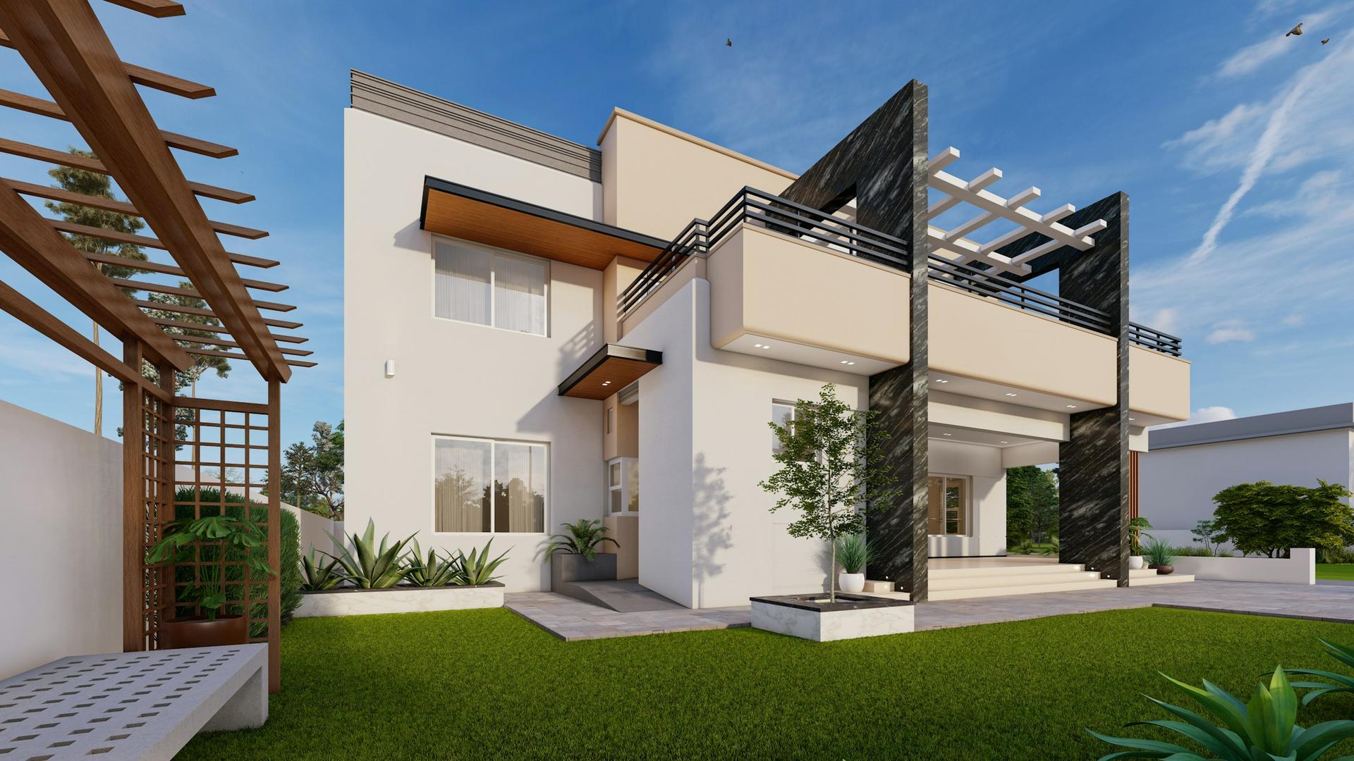 Visualisation of a contemporary two-storey home with a pergola, terrace and landscaped lawn